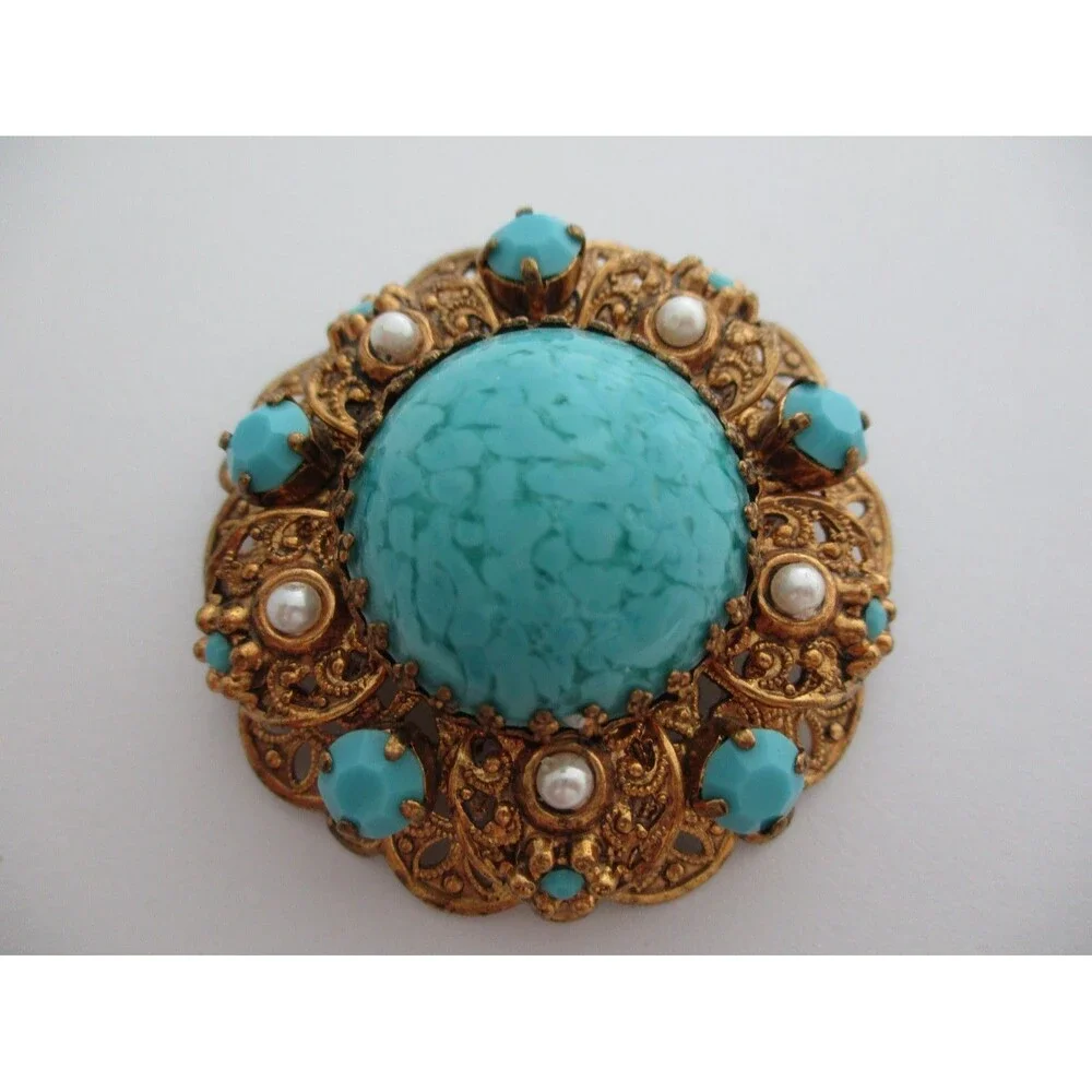 Vintage West  Germany Gold Filigree Turquoise Blue  Pearl Brooch Pin